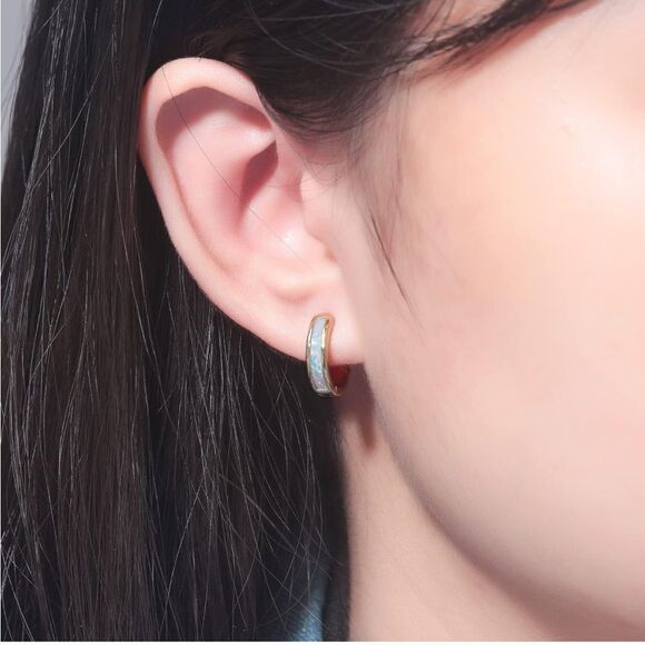 14K Yellow Gold with Genuine White Fire Opal Huggie Hoop Snap Hinge Earrings - Picture 5 of 5